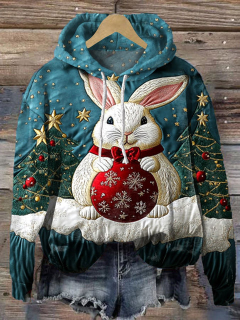 Christmas Bunny Print Casual Hoodie Sweatshirt