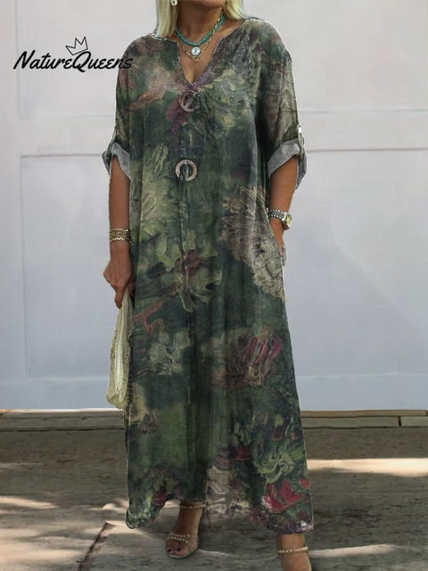 Oil Painting Night Forest Printed Women's Pocket Cotton Dress