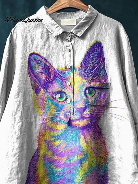 Color Pencil Style Cat Graphic Printed Women's Casual Cotton And Linen Shirt