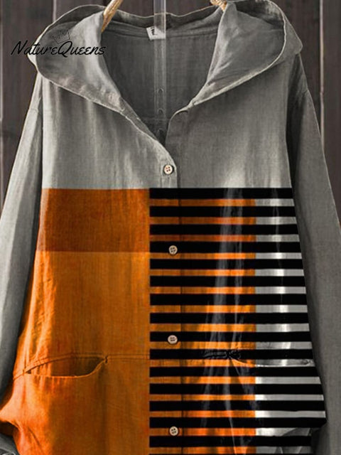 Artistry Color Block Art Printed Women's Casual Cotton And Linen Shirt