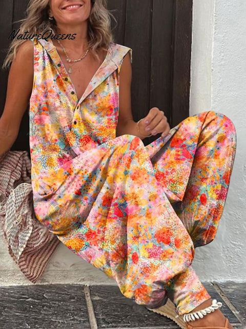 Women's Autumn Art Print Casual 100% Cotton Wide Leg Jumpsuit
