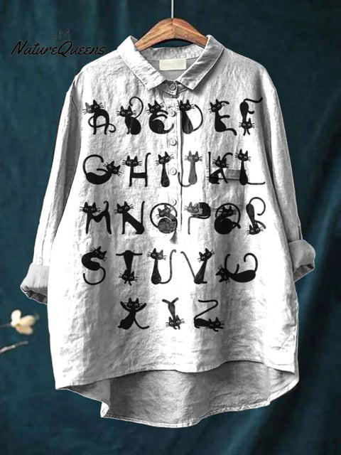 Lovely Cat Alphabet Pattern Printed Women's Casual Cotton And Linen Shirt