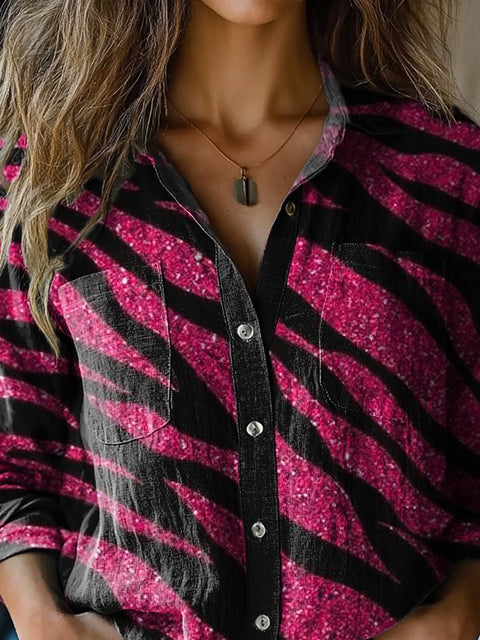 Glitter Zebra Pattern Printed Women's Casual Long Sleeve Comfortable Cotton Shirt