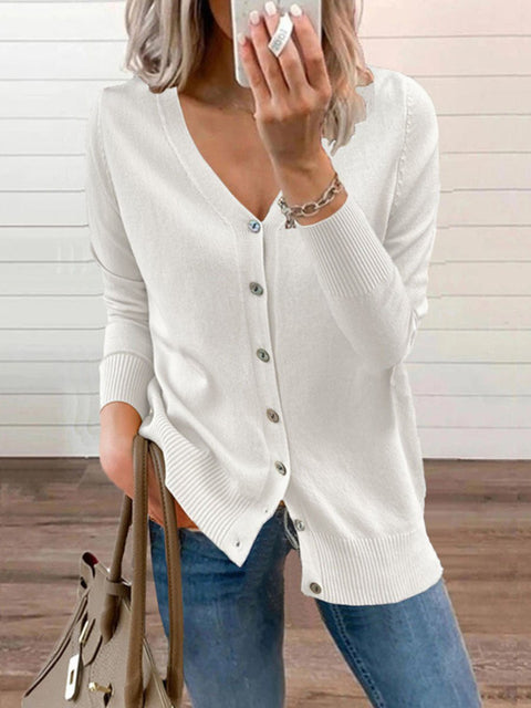 Women's Solid Color Button Long Sleeve V-Neck Cardigan  Sweater