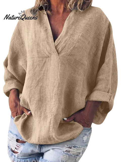 Women's Solid Color Cotton And Linen V-Neck Long Sleeve Blouse