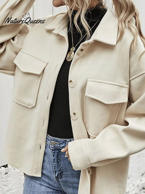 Women's Lapel Neck Solid Color Tweed Casual Jacket