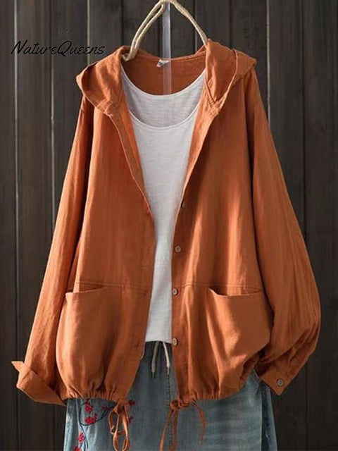 Women's Loose Large Size Cotton Yarn Hooded Long Sleeve Cardigan Casual Jacket