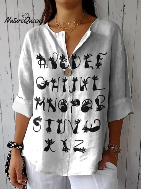 Lovely Cat Alphabet Pattern Printed Women's Casual Cotton Linen Shirt