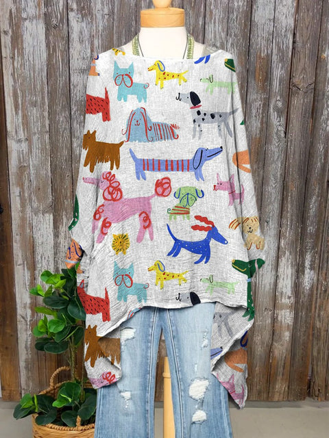 Cartoon Dog Repeat Pattern Printed Women's Pocket Cotton Top