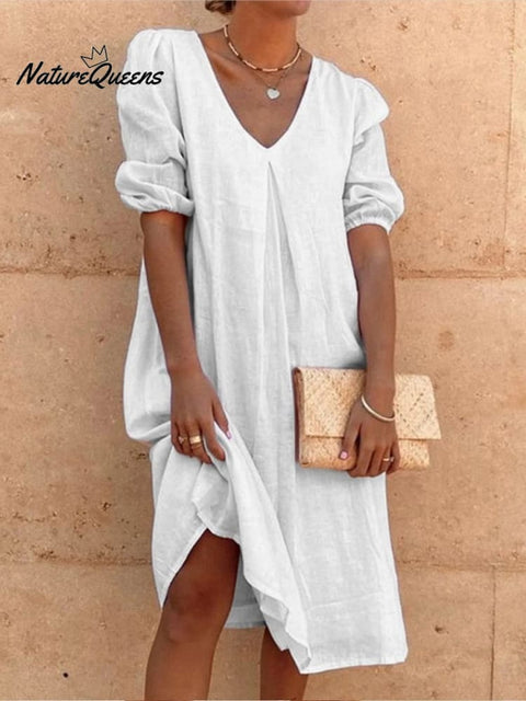 Cotton And Linen Solid Color Long Sleeve Casual Midi Dress