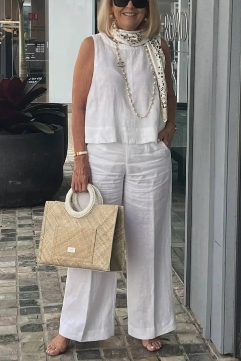 Women's Stylish Casual Loose Sleeveless Solid Color Cotton And Linen Suit