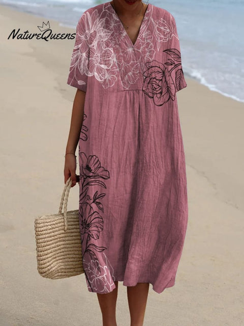 Black and White Line Drawing Floral Decorative Pattern Flowy Dress