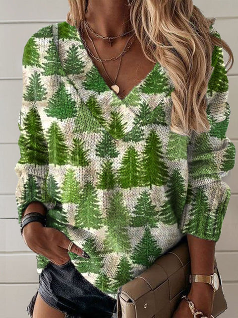 Christmas Tree  Art Print Knit V-neck Pullover Sweater