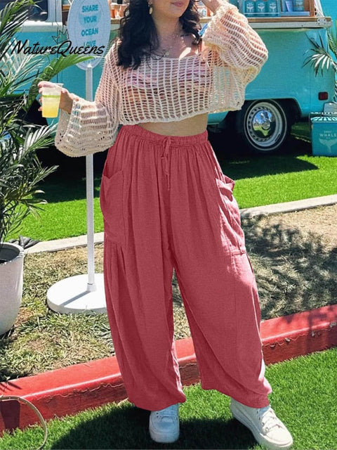 Women's Stylish Casual Fashionable Elastic Waist Loose Cotton Linen Pants