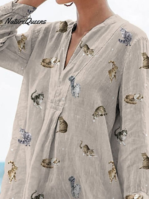 Lovely Petite Cats Pattern Printed Women's Casual Linen V-Neck Shirt