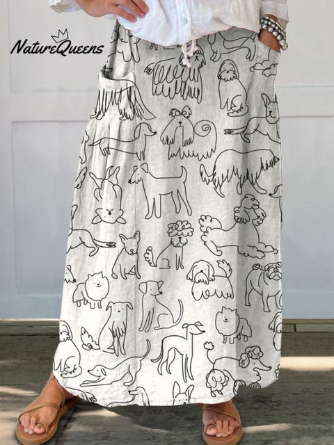 Women's Simple Black and White Lines Cartoon Puppy Linen Pocket Skirt