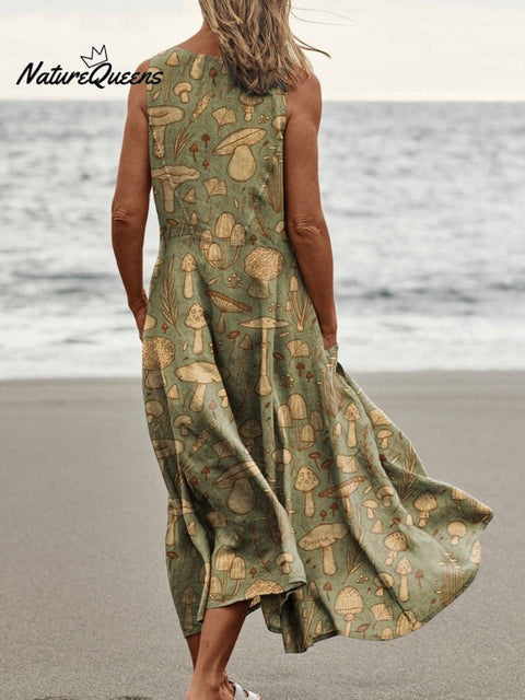 Assorted Wild Mushrooms Repeat Pattern Printed Women’s Pocket Pinafore Linen Dress