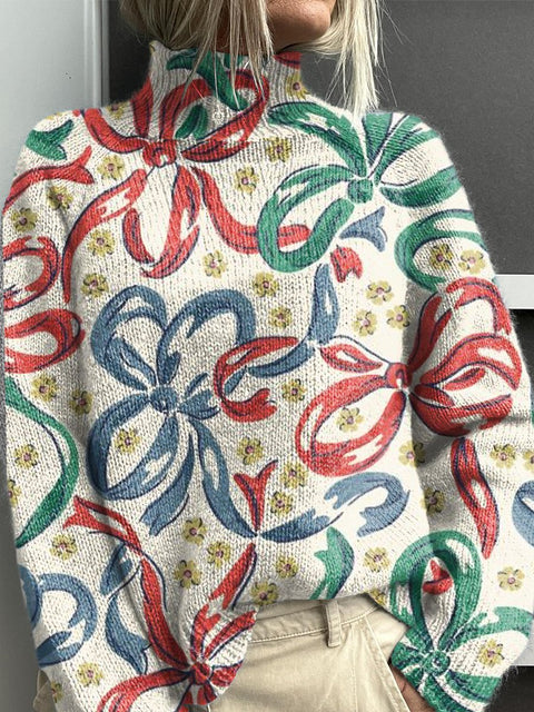 Christmas Color Bow Print Knit Turtleneck Pullover Sweater