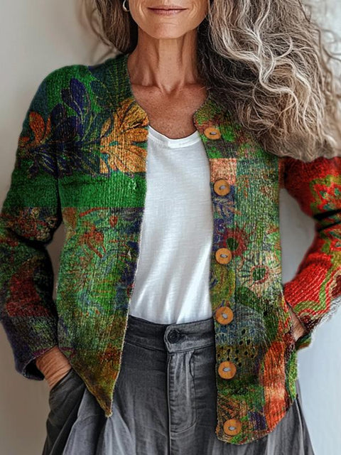 Abstract Floral Garden Art Printed Buttoned Cardigan Sweater