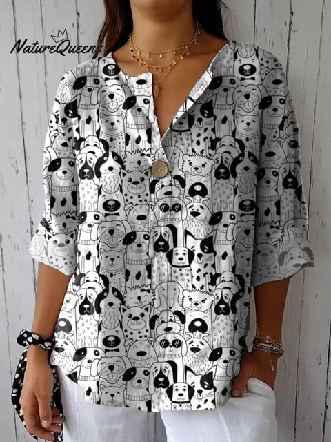 Doodle Puppy Dogs Repeat Pattern Printed Women's Casual Cotton Linen Shirt
