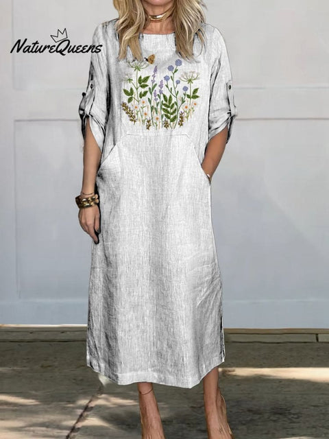 Embroidery Style Floral Bush Pattern Printed Women's Comfortable Linen Pocket Dress