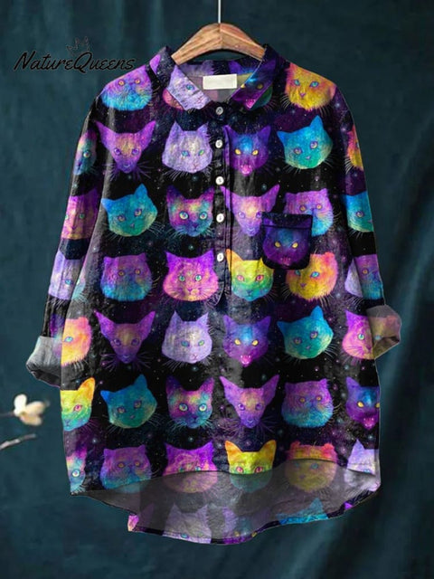 Galaxy And Cats Pattern Printed Women's Casual Cotton And Linen Shirt