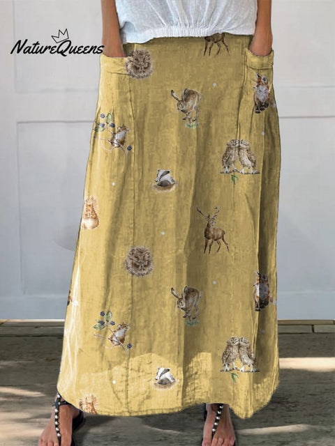 Petite Woodland Animals Pattern Printed Women's Linen Pocket Skirt