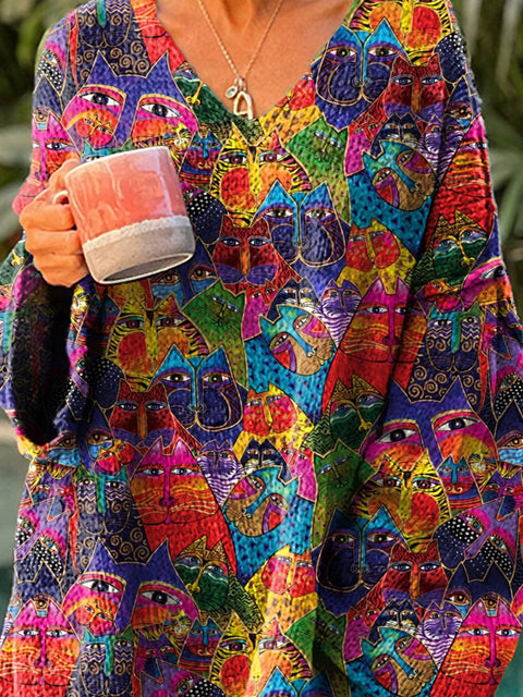 Hippie Styles Colorful Cat Pattern Printed Women's Casual Pullover Sweater