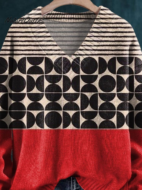 Artistry Geometric Pattern Printed Knit V-neck Pullover Sweater