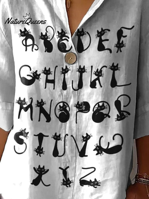 Lovely Cat Alphabet Pattern Printed Women's Casual Cotton Linen Shirt