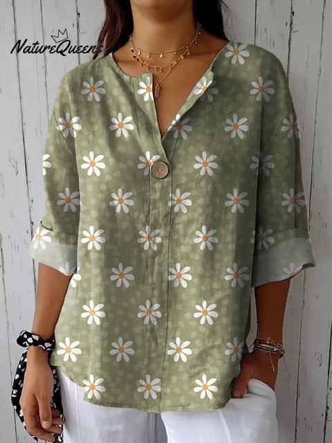 Lovely White Daisy Pattern Printed Women's Casual Cotton Linen Shirt