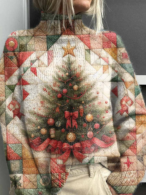 Women's Lovely Christmas Tree Art Print Knit Turtleneck Pullover Sweater