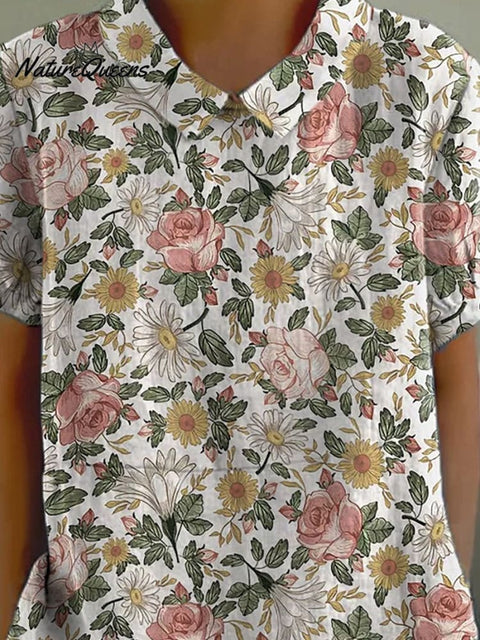 Retro Style Romantic French Garden Pattern Printed Women's Casual Cotton And Linen Shirt