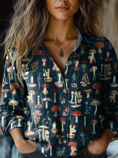 Woodland Mushroom Pattern Printed Women's Casual Long Sleeve Comfortable Cotton Shirt