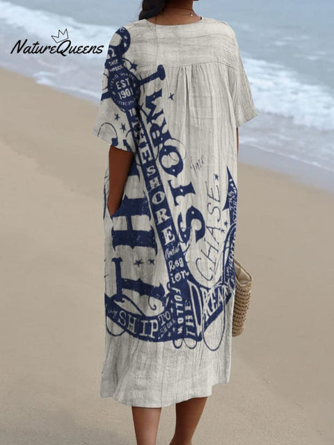 Ocean Large Anchor Decorative Pattern Flowy Dress
