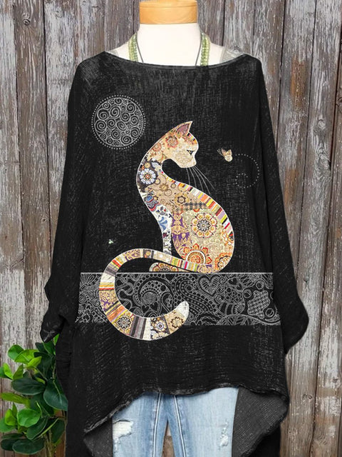 Ethnic Style Cat Art Printed Women's Pocket Cotton Top
