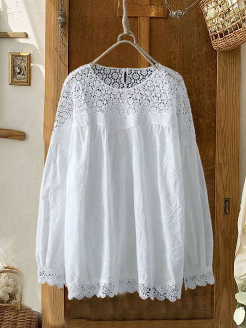 Women's  Embroidery Solid Color Cotton And Linen Casual Shirt