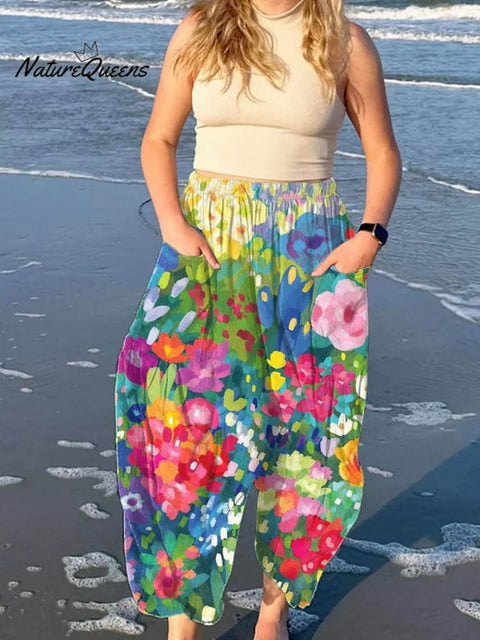 Women's Lovely Floral Art Printed Cotton And Linen Casual Pants