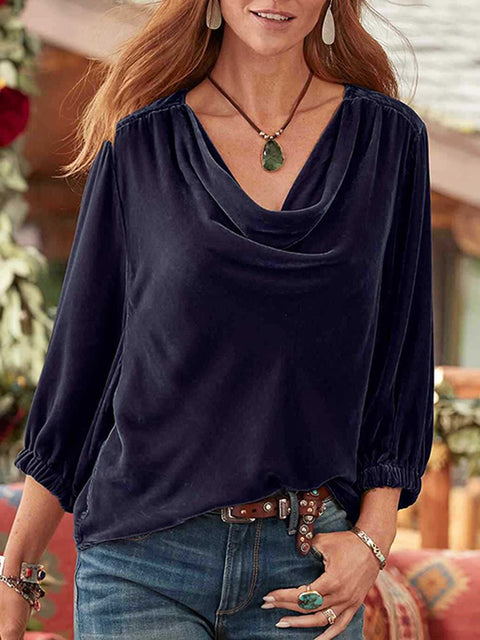 Women's Elegant Solid Color Gold Velvet Pile Collar Pleated Shirt