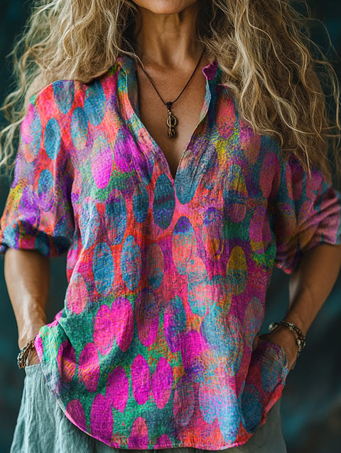 Abstract Geometric Pattern Printed Women's Casual Linen V-Neck Shirt