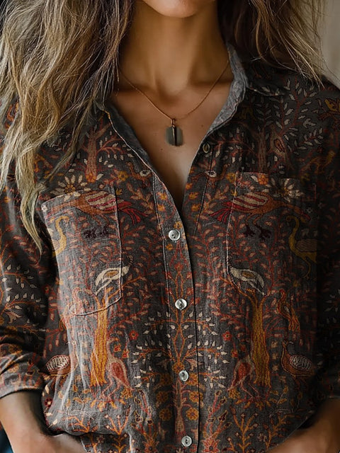 Retro Woodland And Animal Symmetrical Pattern Printed Women's Casual Long Sleeve Comfortable Cotton Shirt