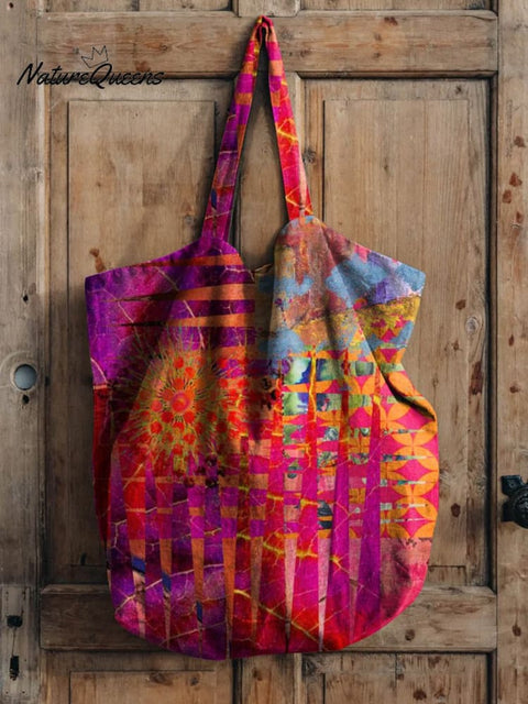 Colorful Geometric Pattern Printed Linen Tote Bag