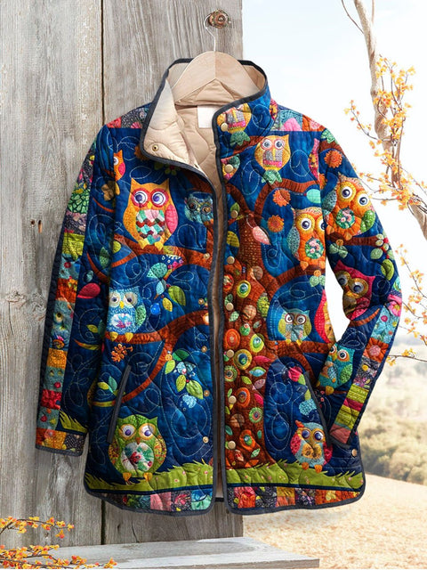 Women's Retro  Owls Print Casual Quilted Jacket