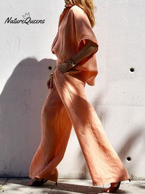 Spring And Summer Cotton Linen Lapel Two-Piece Set Outfit