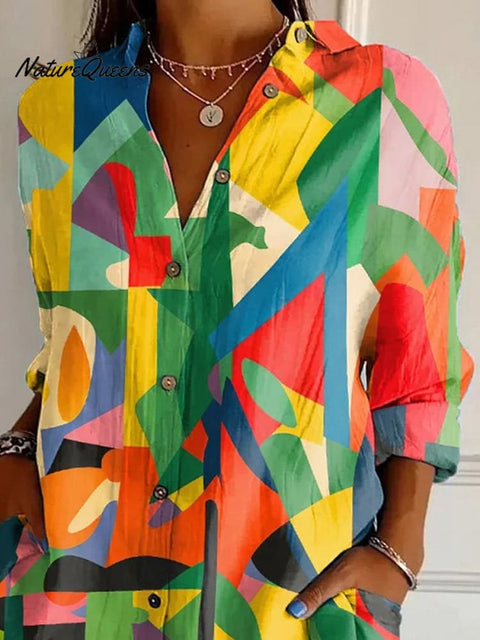 Abstract Geometric Art Printed Women's Casual Cotton Shirt