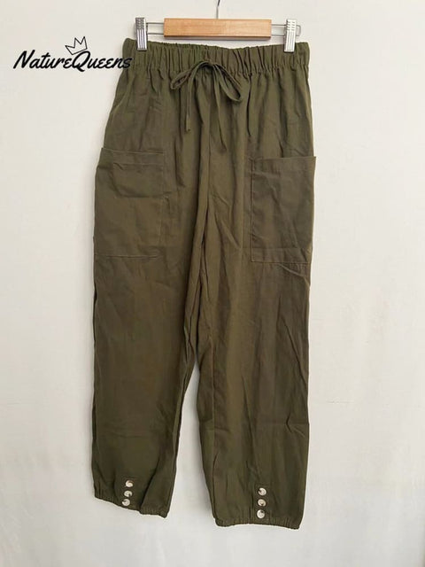 High - Waisted Buttoned Cotton And Linen Pants Cropped Green / S
