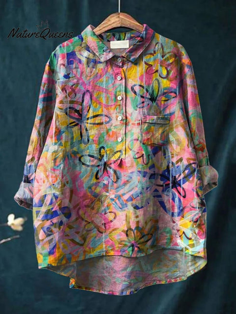 Graffiti Style Meadows Floral Printed Women's Casual Cotton And Linen Shirt