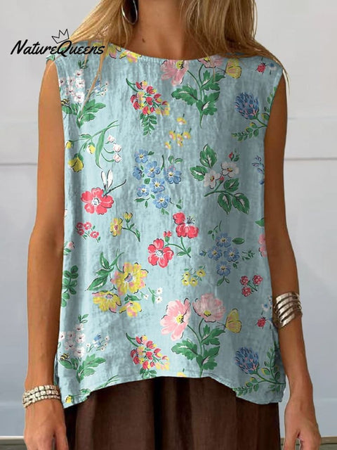 Retro Style Summer Floral Pattern Printed Women's Casual  Cotton And Linen Tank Top
