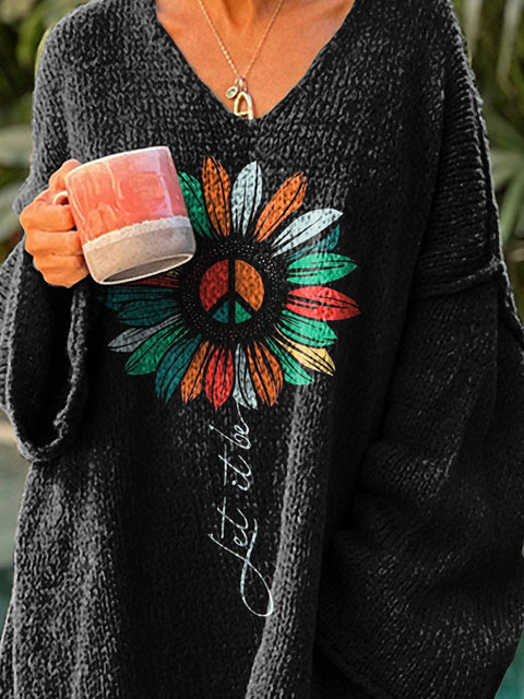 "Let It Be" Sunflower Graphic Printed Women's Casual Pullover Sweater
