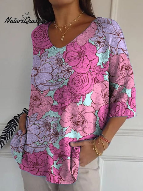 Line Drawing Pink Rose Pattern Printed Women's Casual Pullover Knit